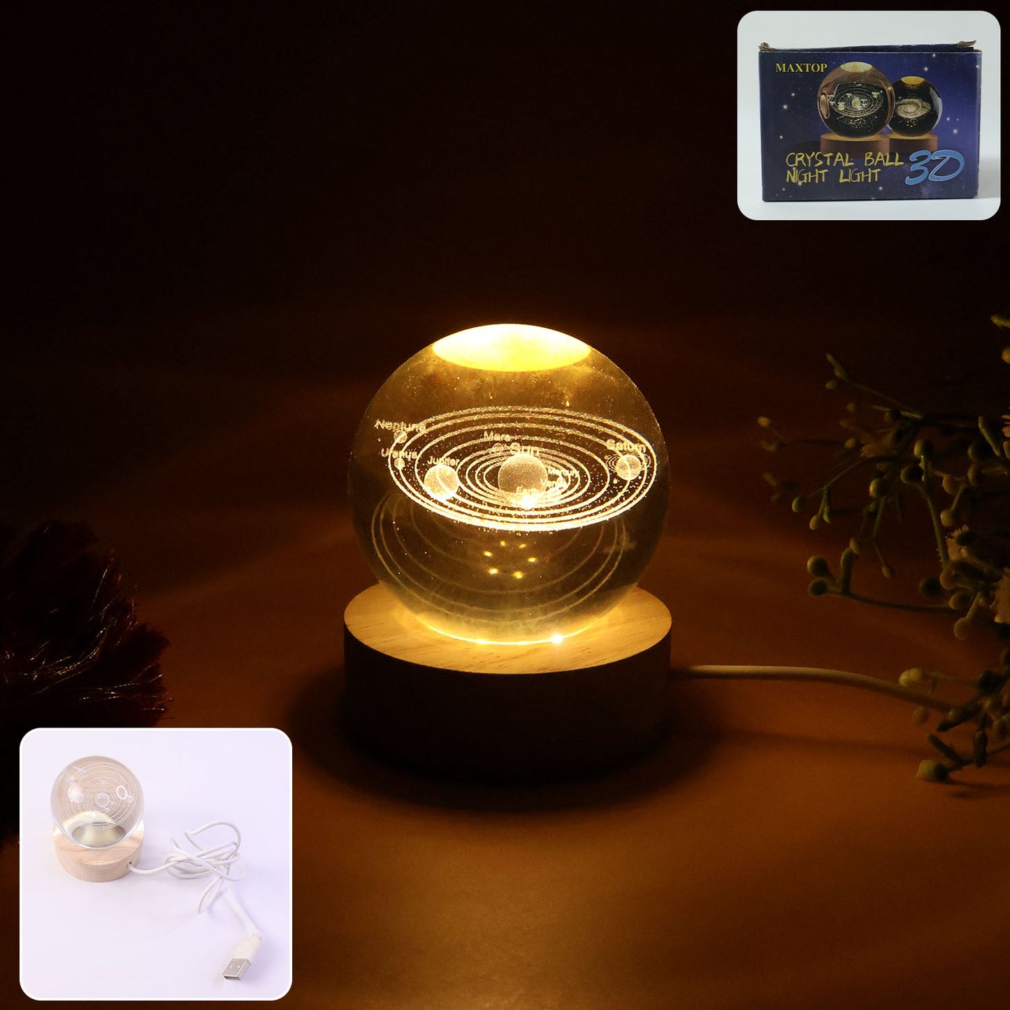 3D crystal ball night lamp glowing with warm LED light on wooden base