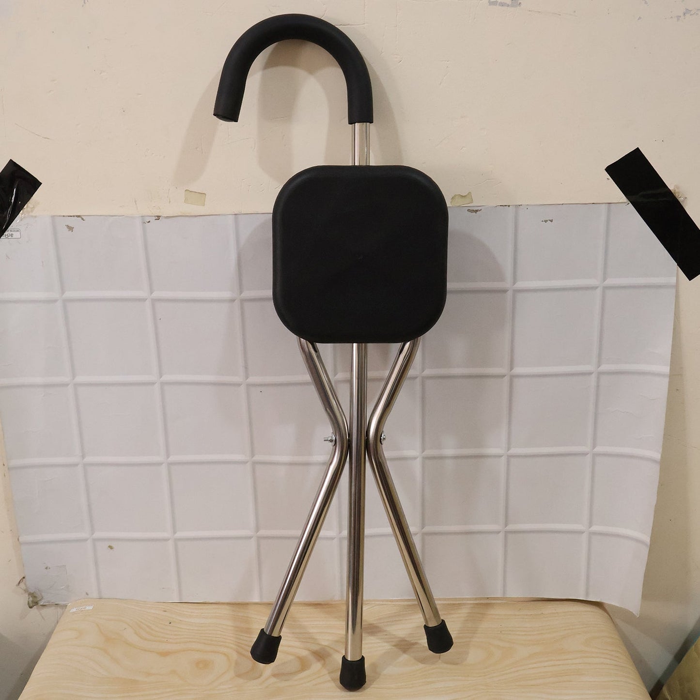 Cane with seat and three leg stand for seniors and travellers