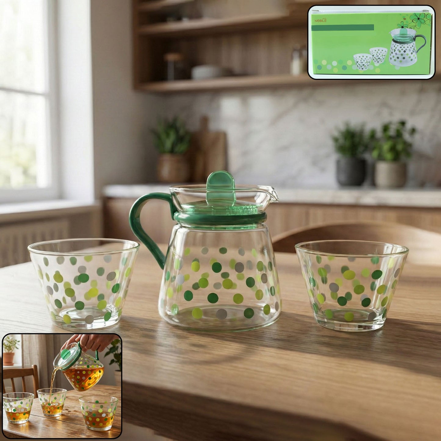 Elegant glass tea pot with transparent polka dot design