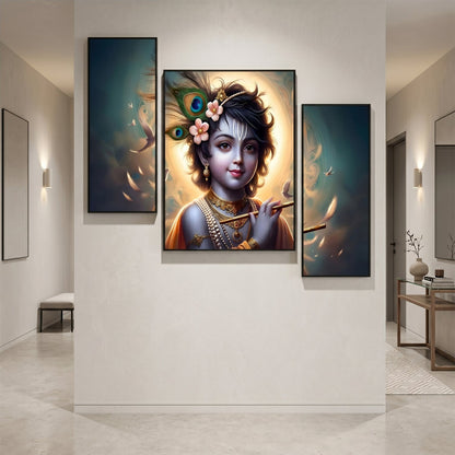 Divine Krishna flute wall art with vivid colors.