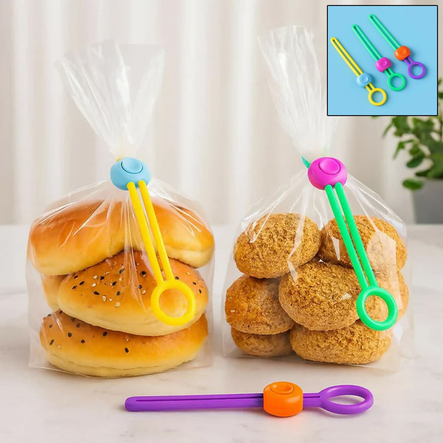 Reusable silicone food bag sealing clips with lock on kitchen counter