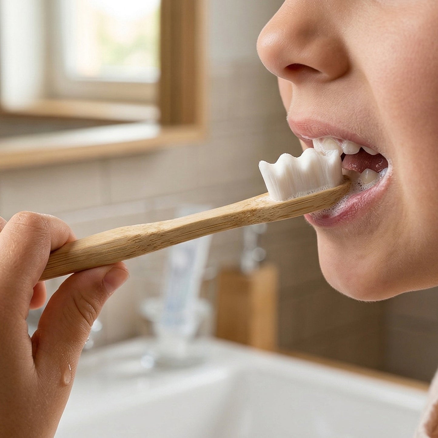 Natural wooden toothbrush showing soft bristle head