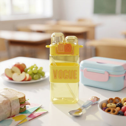 Close-up of the leakproof lid and integrated straw on the girls plastic water bottle.