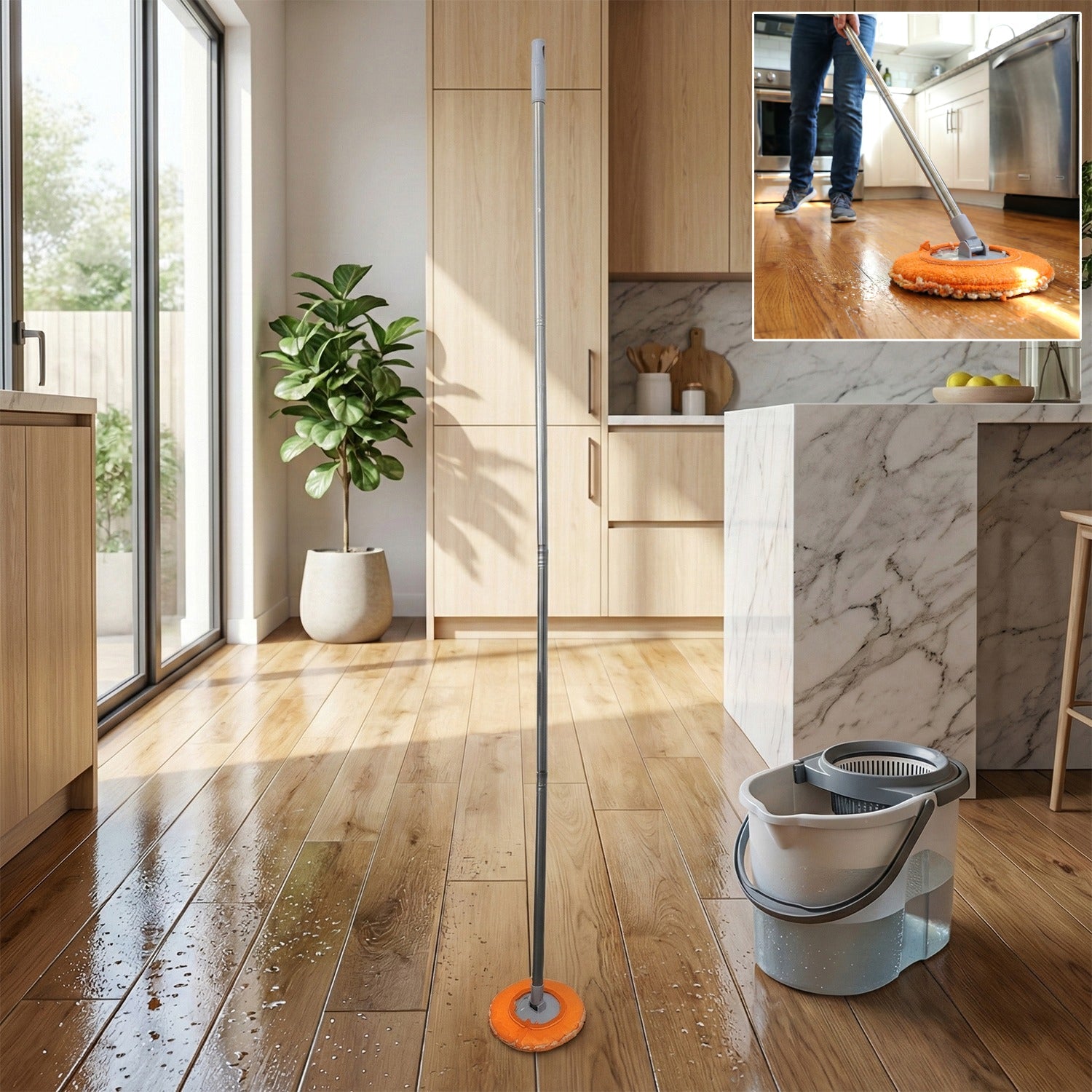 Spin mop with round microfiber head and bucket system for floor cleaning