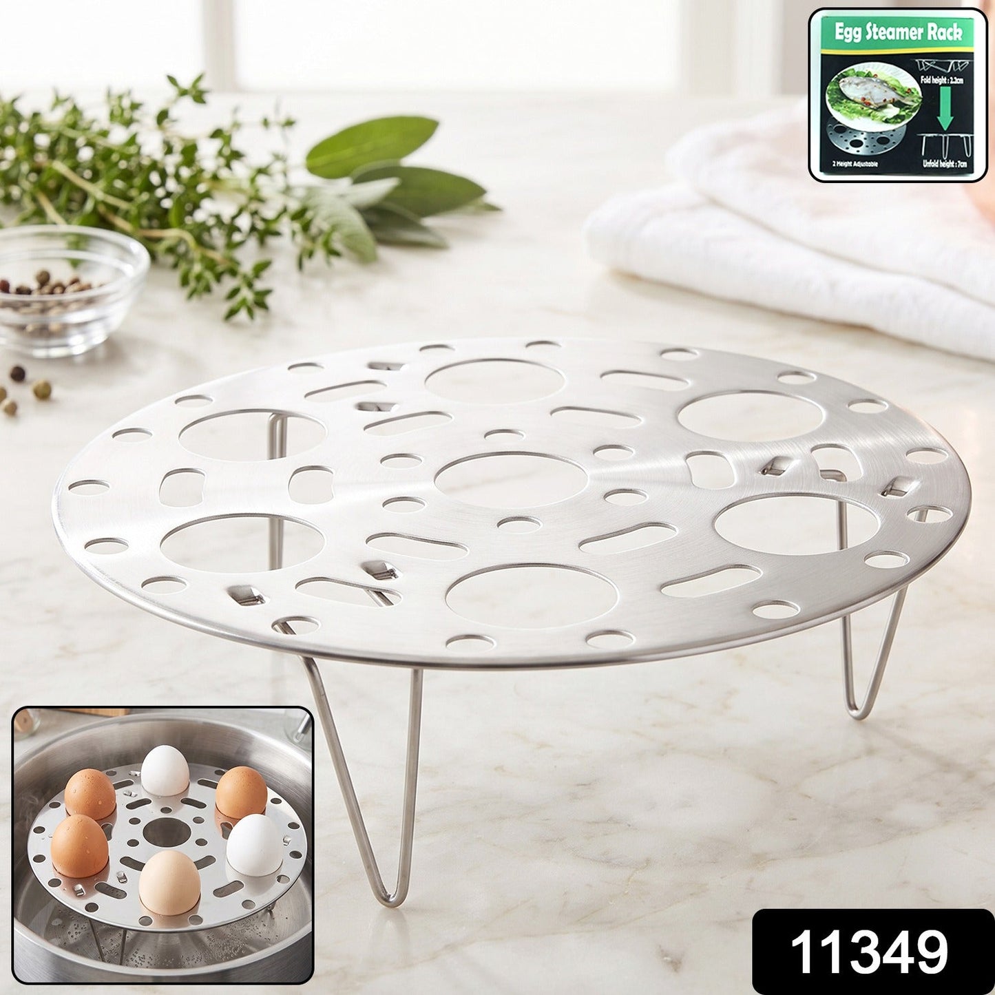 Round steel steamer rack with folding legs for steaming eggs and veggies