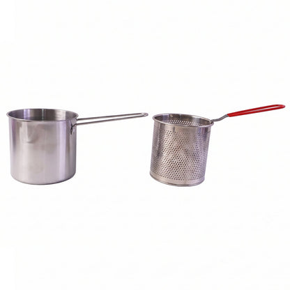 Frying set with pot and basket on white background