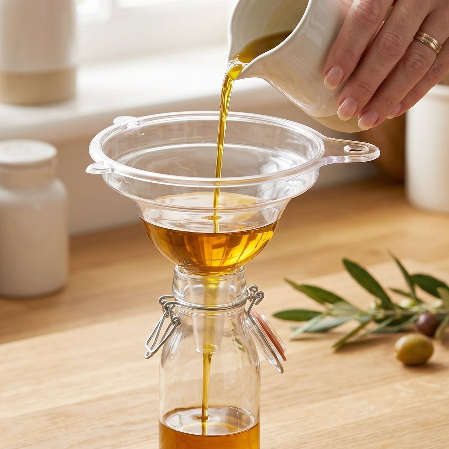 Funnel pouring oil into bottles in kitchen setting