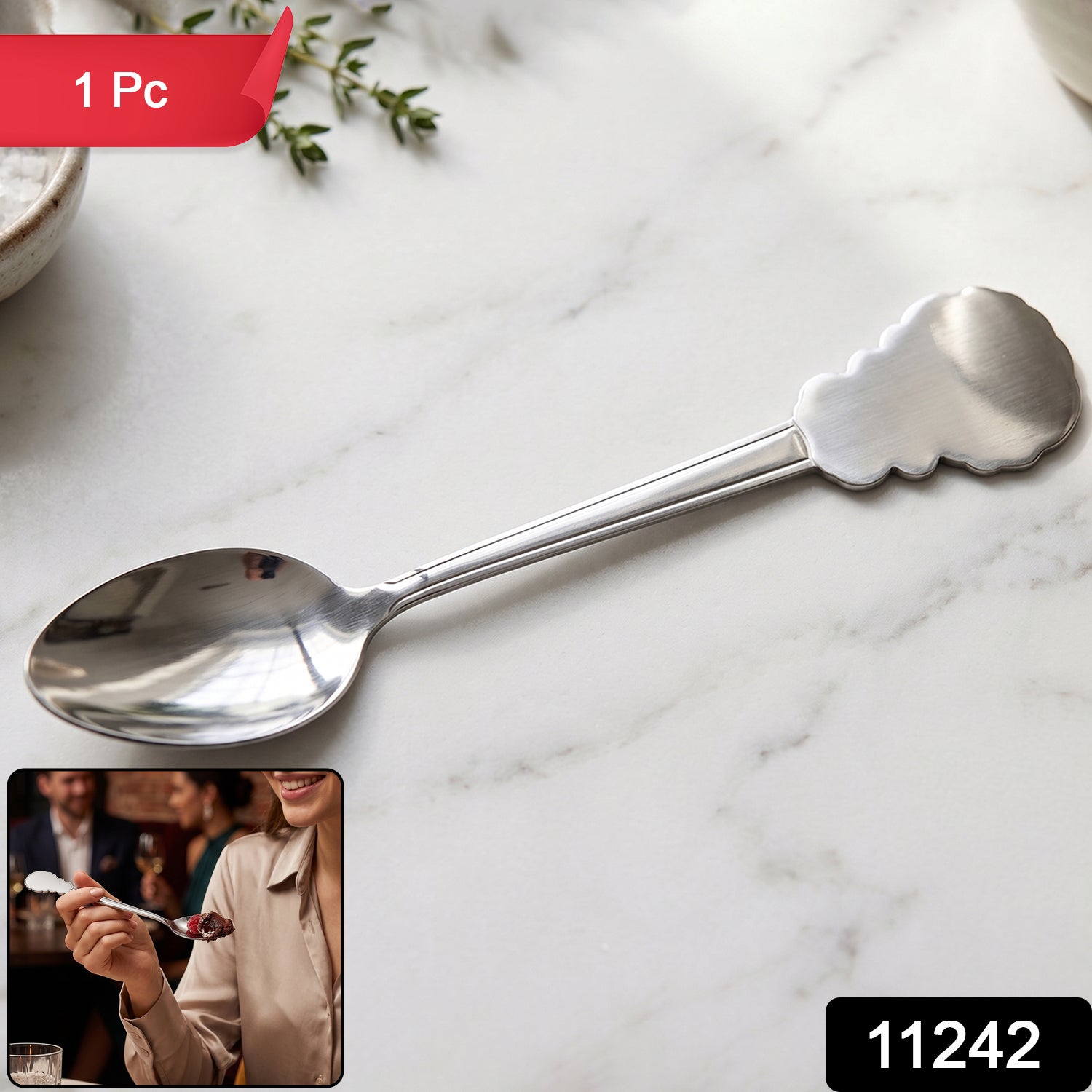 Pack of stainless steel carved handle dinner spoons for family use.