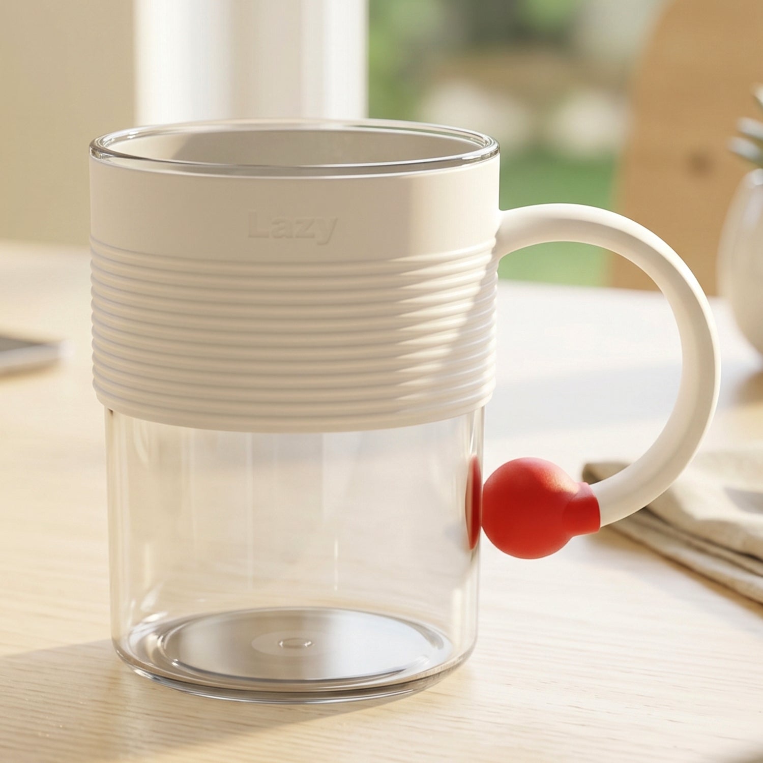 Transparent plastic coffee mug with a ring handle and red accent.