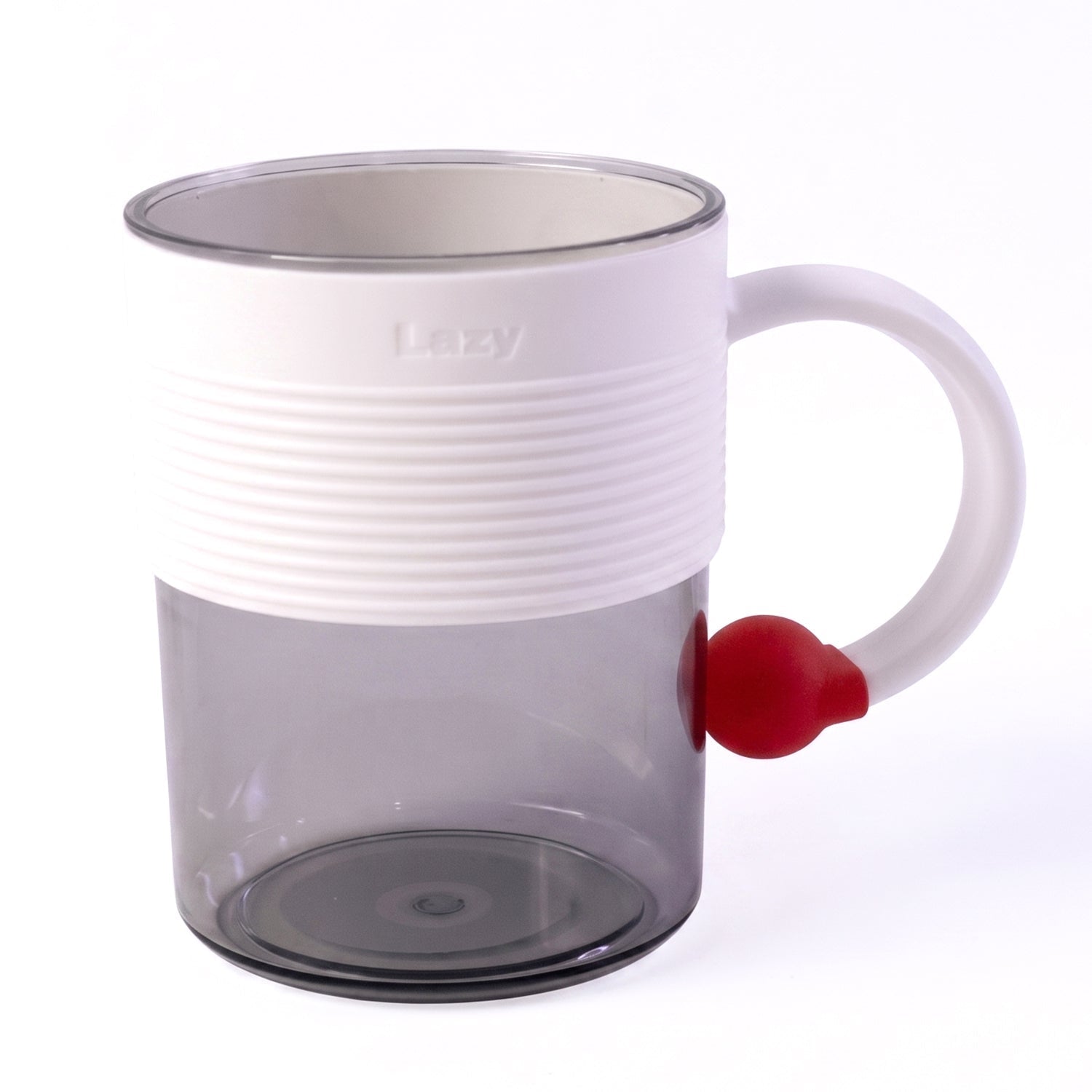 Transparent plastic coffee mug displayed on a clean white background.