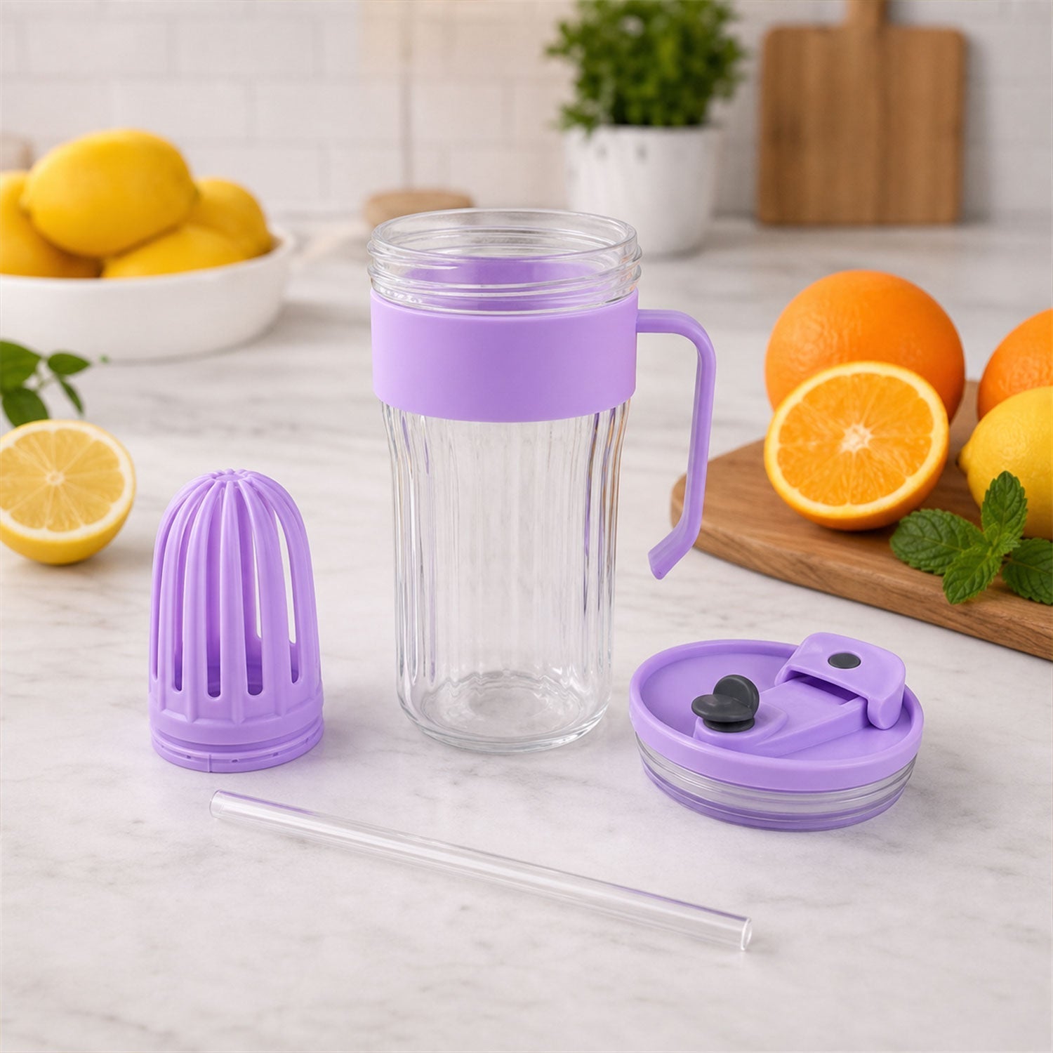 Clear glass tumbler with handle, lid, and straw for cold beverages.