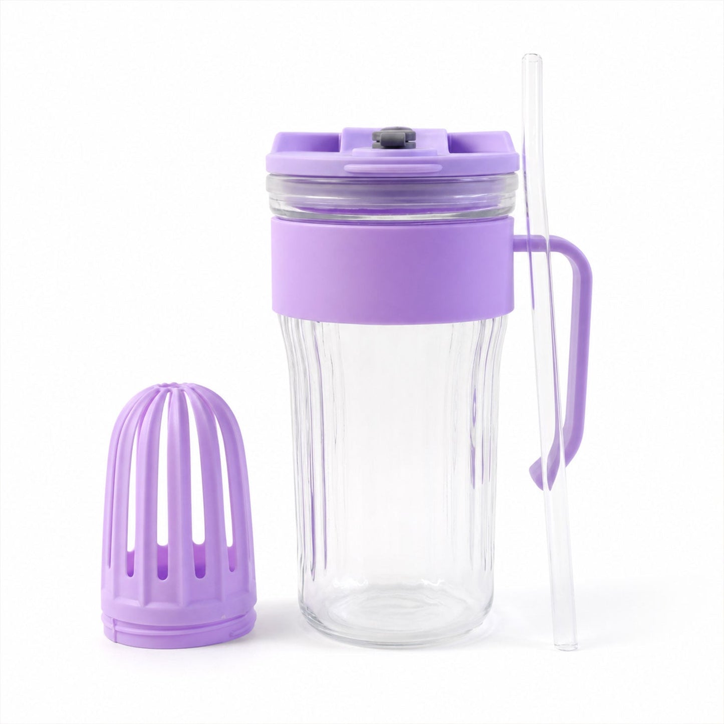 Front view of a versatile glass tumbler with lid and straw.