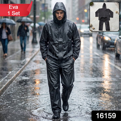 Durable EVA rain suit with hood, designed for complete monsoon protection.
