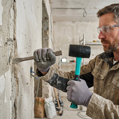 Heavy duty sledge hammer rubber mallet in active use on a construction site.