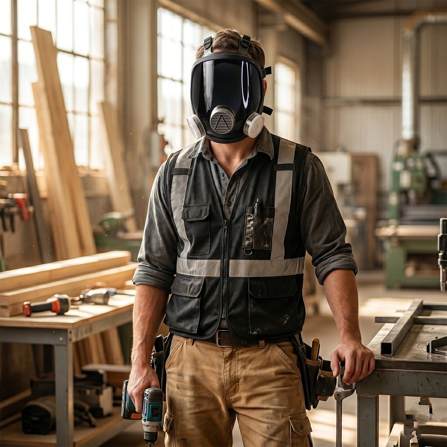 Person wearing full face safety shield mask