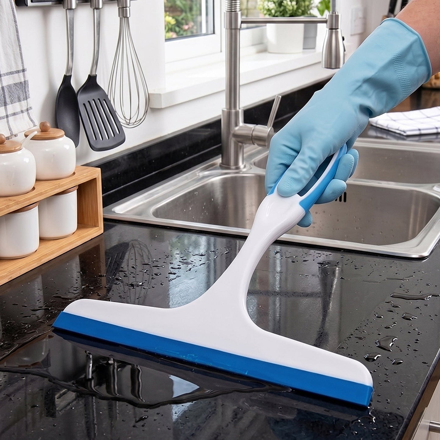 Handheld plastic squeegee wiper cleaning a kitchen countertop
