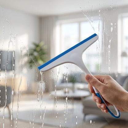Plastic squeegee wiper removing water from a window