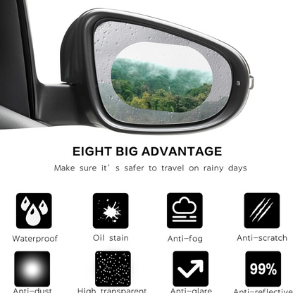 Before and after comparison of a car mirror, highlighting the clarity provided by the anti fog film.
