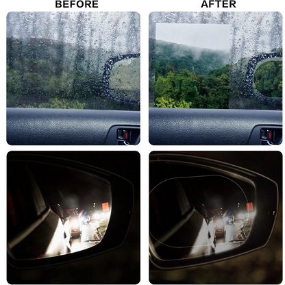 Visual representation of how the anti fog film prevents mist and glare on a car's side mirror.