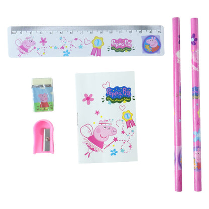 Six piece school stationery set on white background
