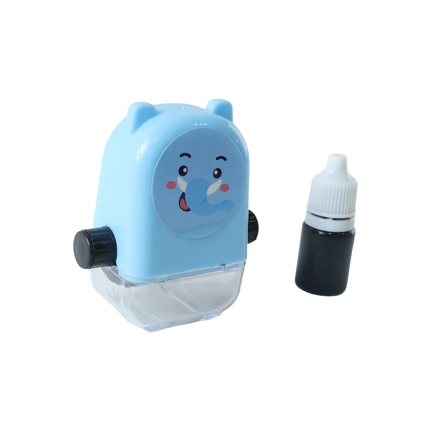 Kids multiplication roller stamp and ink bottle on white background