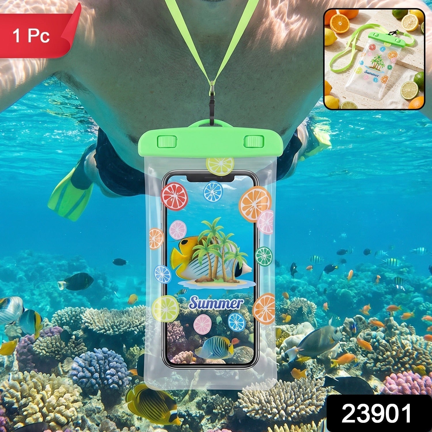 Transparent waterproof phone pouch with adjustable neck lanyard.