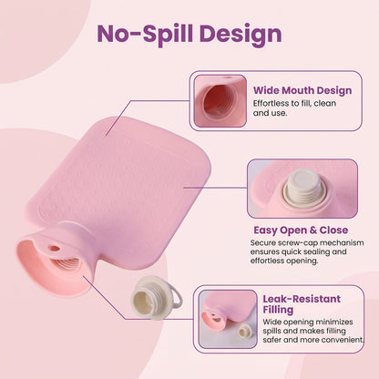 Hot water therapy bag wide mouth and secure screw cap features