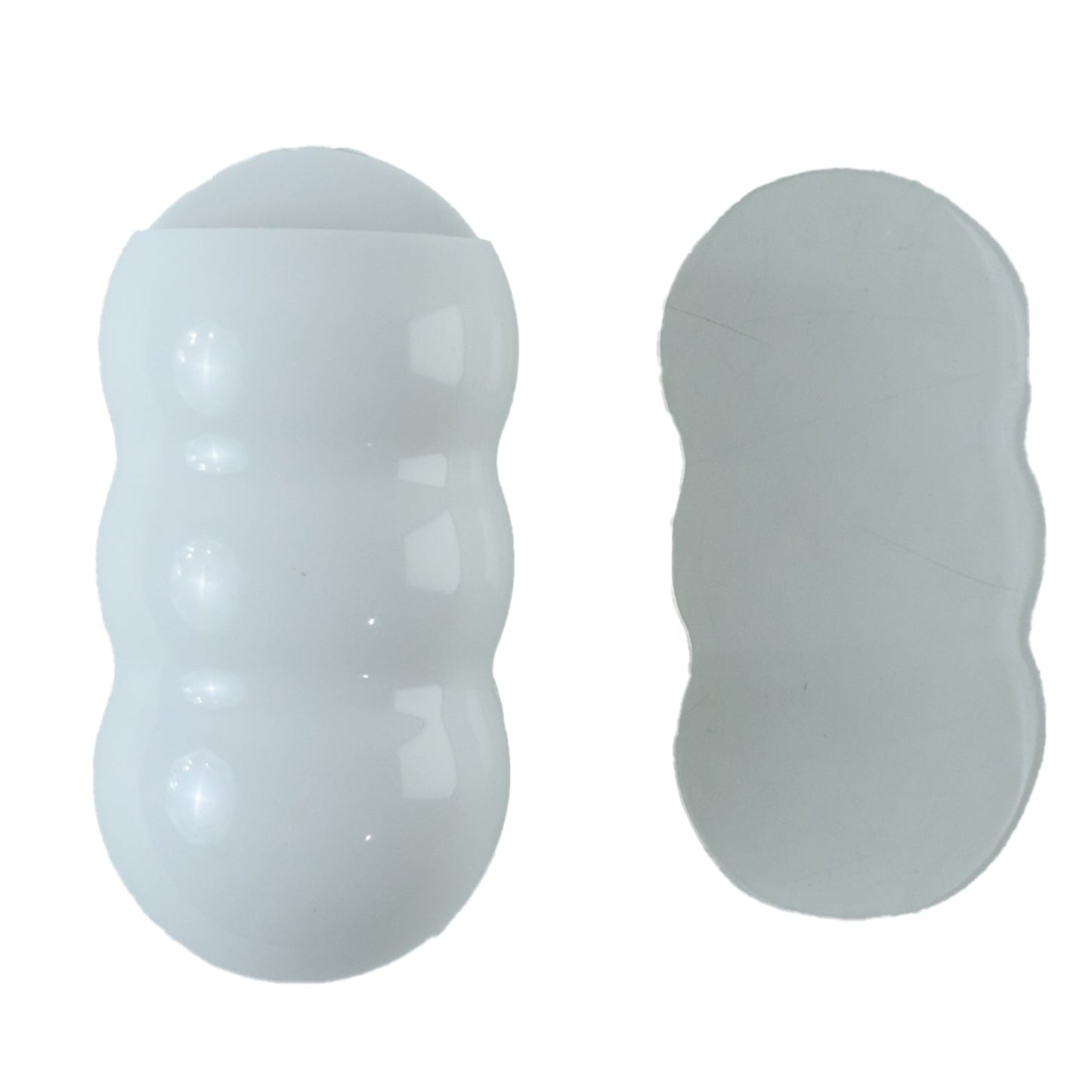 White plastic caterpillar storage holder front and back on white background