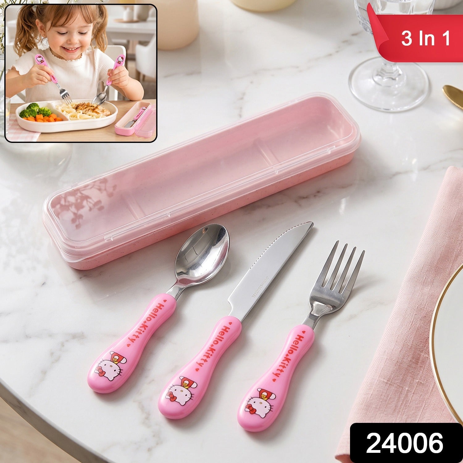 Children's cutlery set with spoon, fork and knife in a case