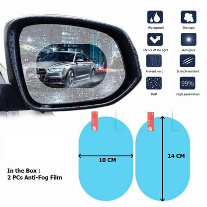 Close-up of the transparent anti fog film on a car mirror, blending seamlessly with the surface.