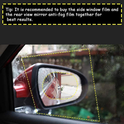 A car's side mirror with the anti fog film, providing a clear view of the road behind.