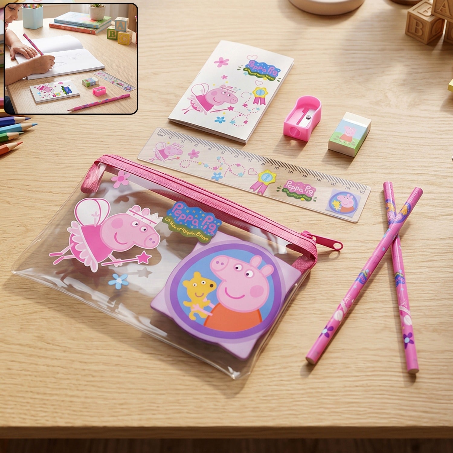 Kids school stationery kit with pencils, eraser, sharpener, ruler and pouch (1 set)