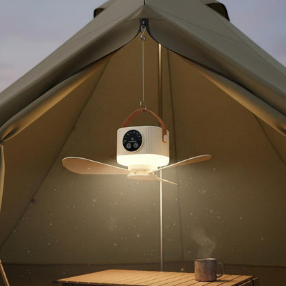 Hanging camping fan with LED light for tents, home and outings
