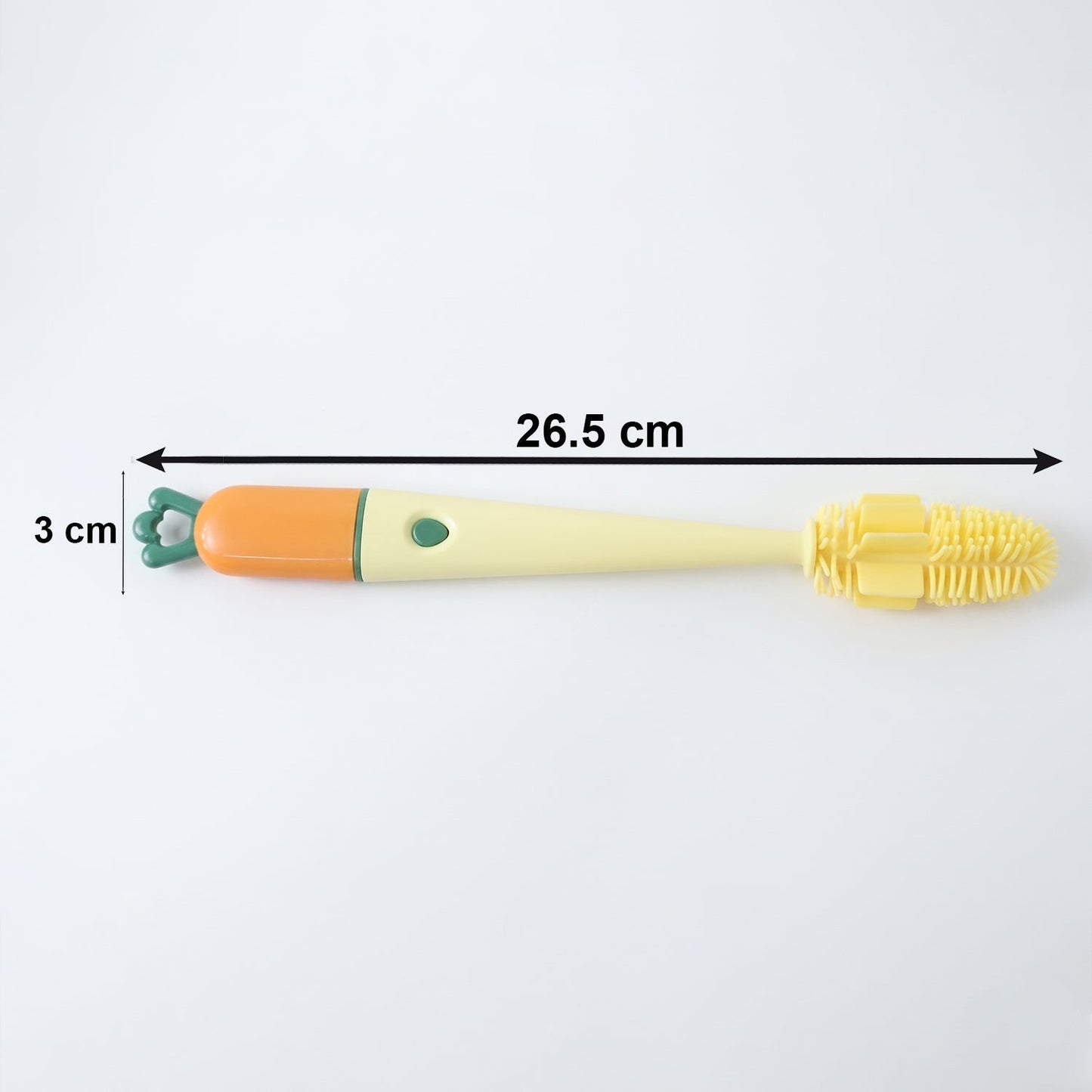 Size guide for bottle cleaning brush, showing length and diameter.