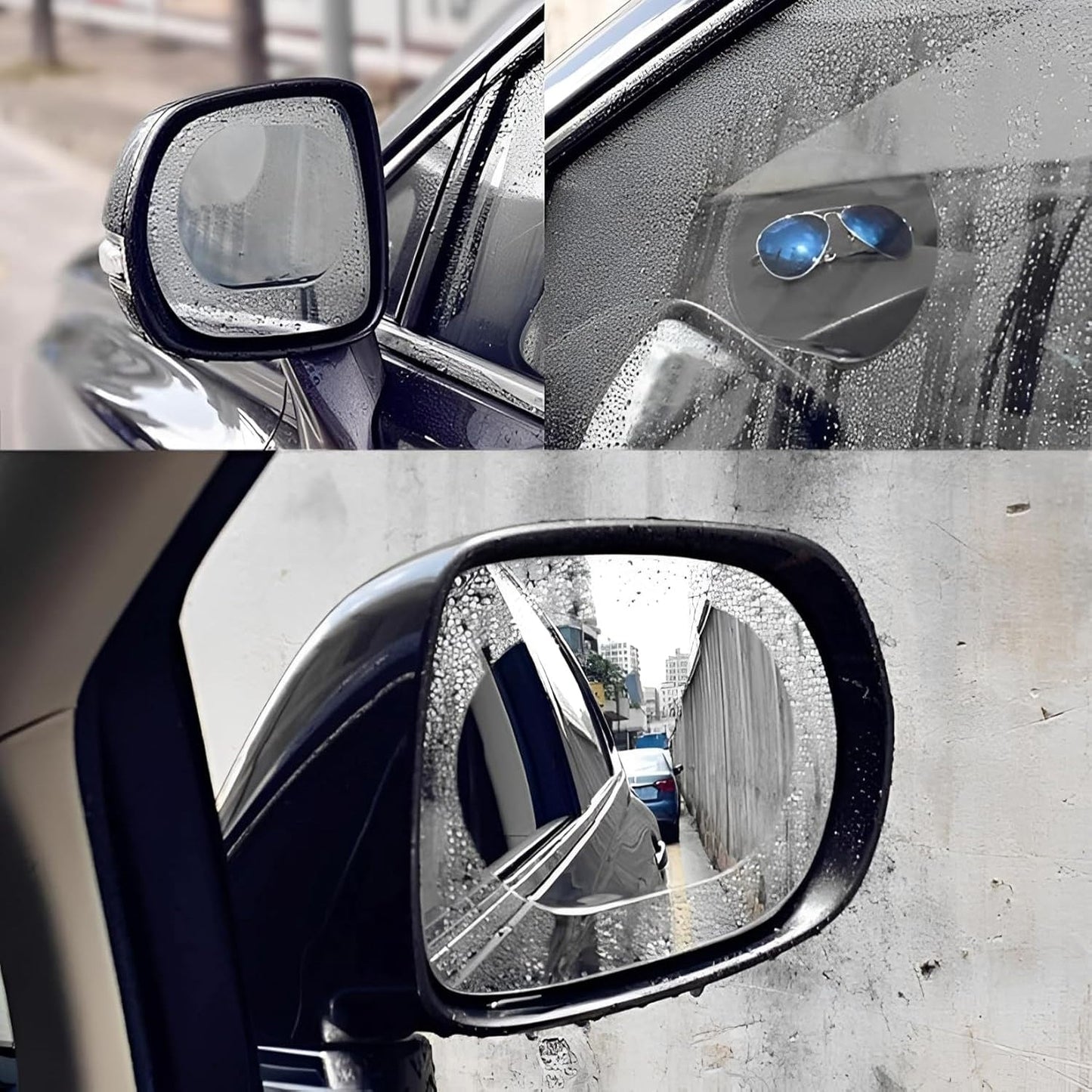Step-by-step diagram showing the easy installation process of the car mirror anti fog film.