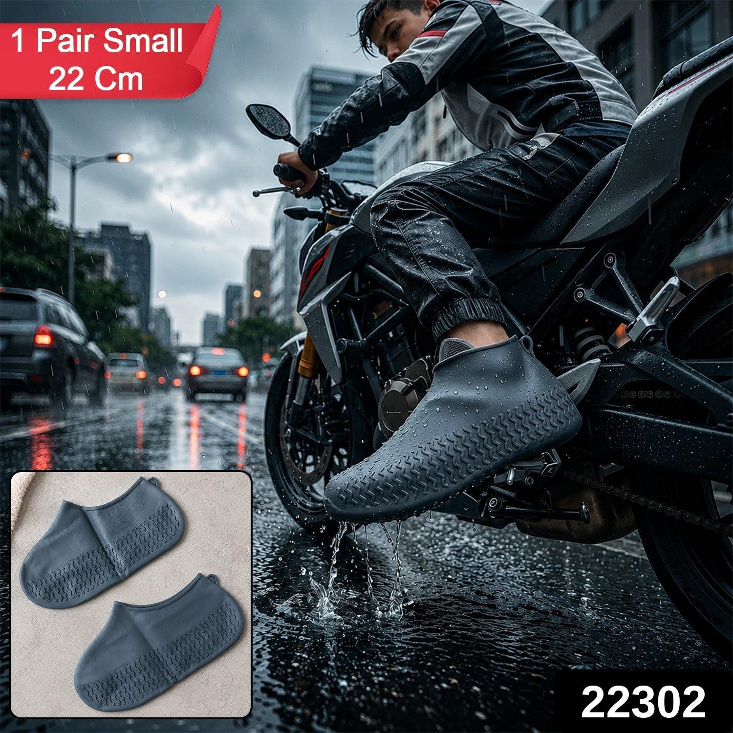 A man rides a motorcycle in the rain, wearing a dark grey silicone shoe cover, while two covers are shown in an inset with