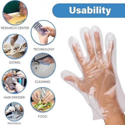 Transparent clear plastic gloves suited for various tasks