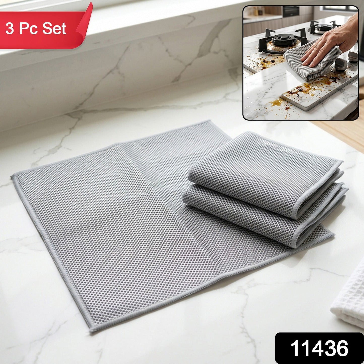 Dual Sided Microfiber Cleaning Towel for Kitchen, 3 Pc
