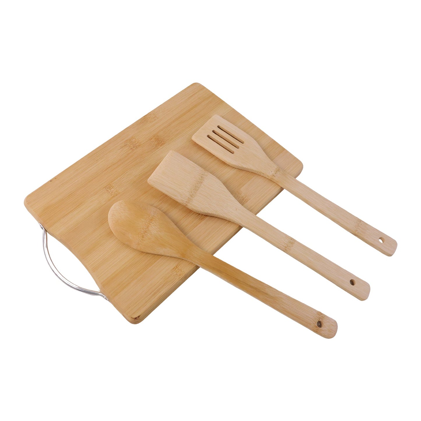 Natural wood board set with bamboo utensils for cooking and prep