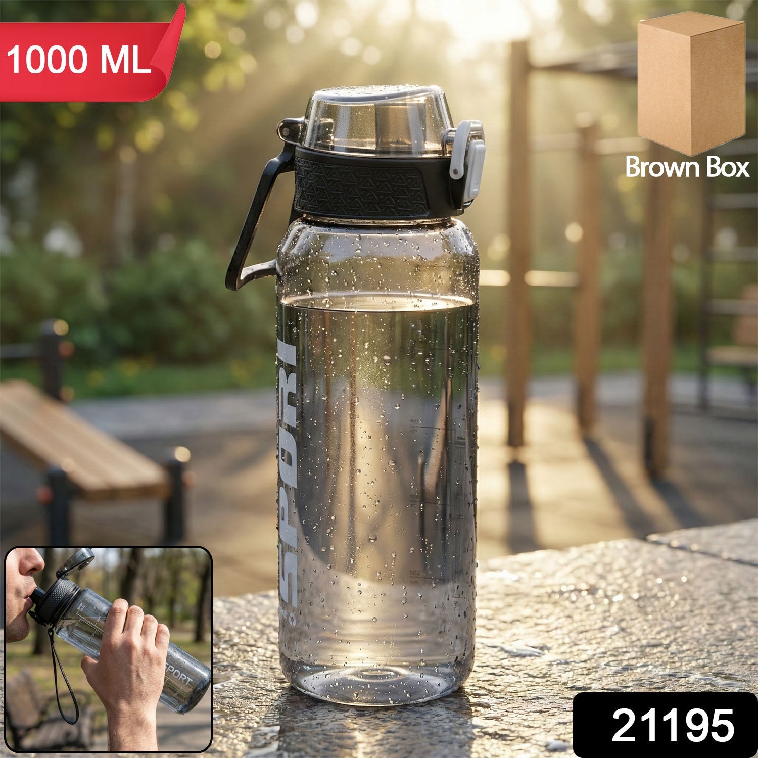 Black 1000 ML leakproof sports water bottle with flip lock lid