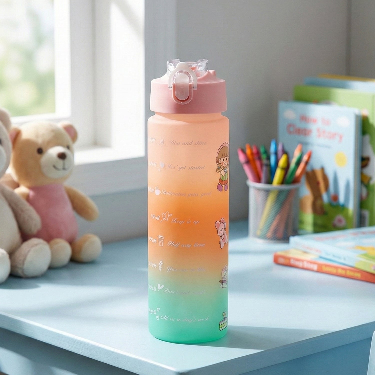 900ml motivational gradient water bottle with inspirational design and flip-top lid