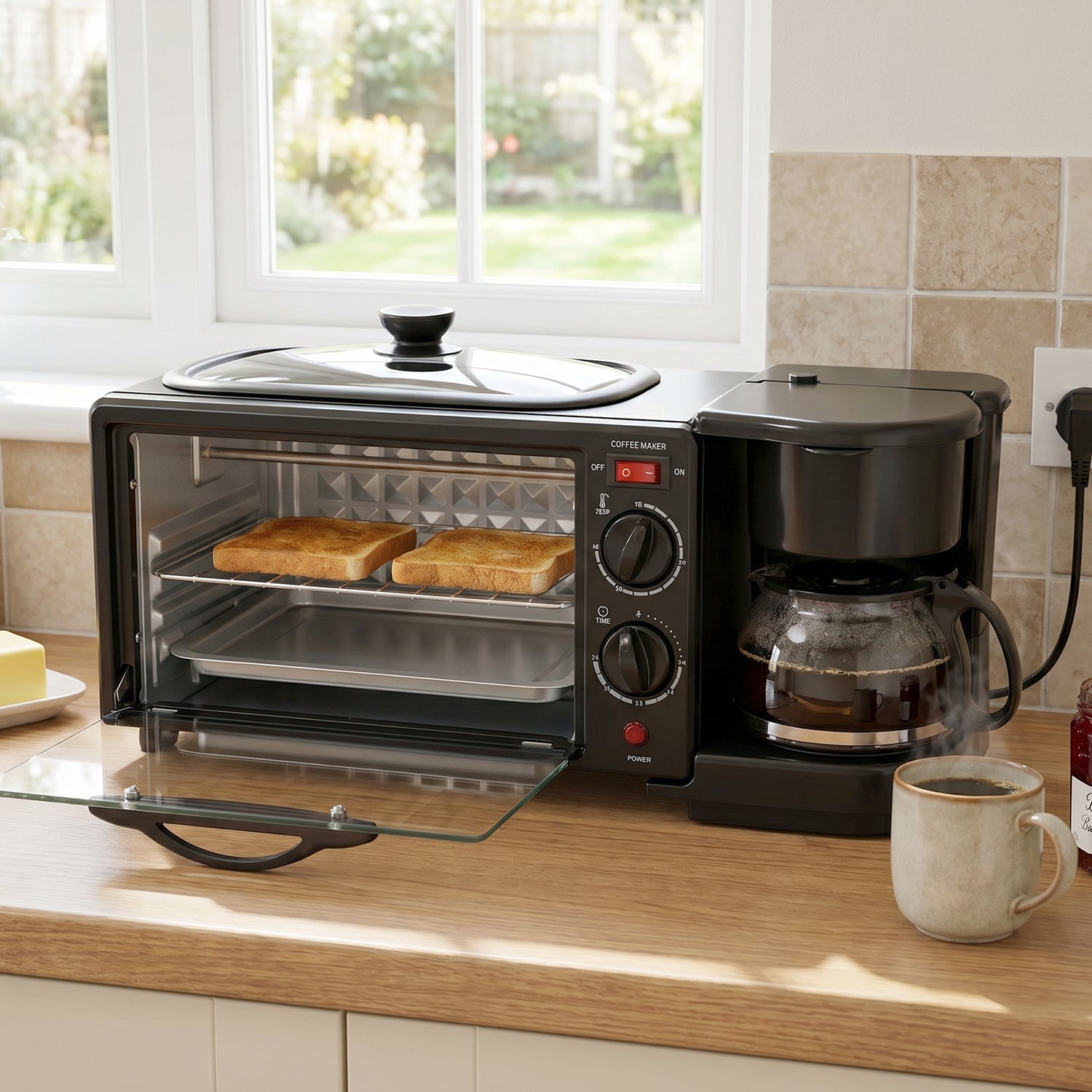 Ready breakfast setup with eggs, toast, coffee, and sausages