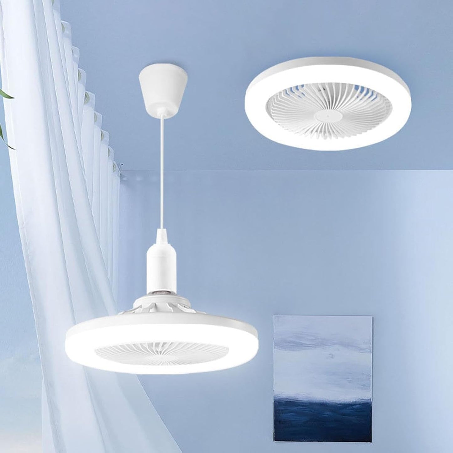 Compact ceiling fan light for E27 sockets with remote