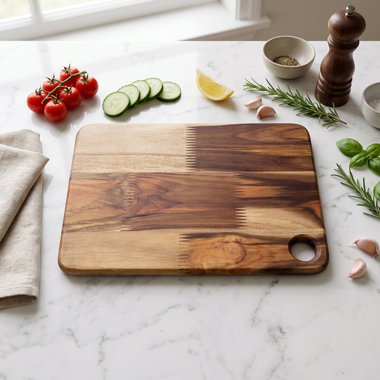 Rectangular wooden chopping board for everyday food preparation
