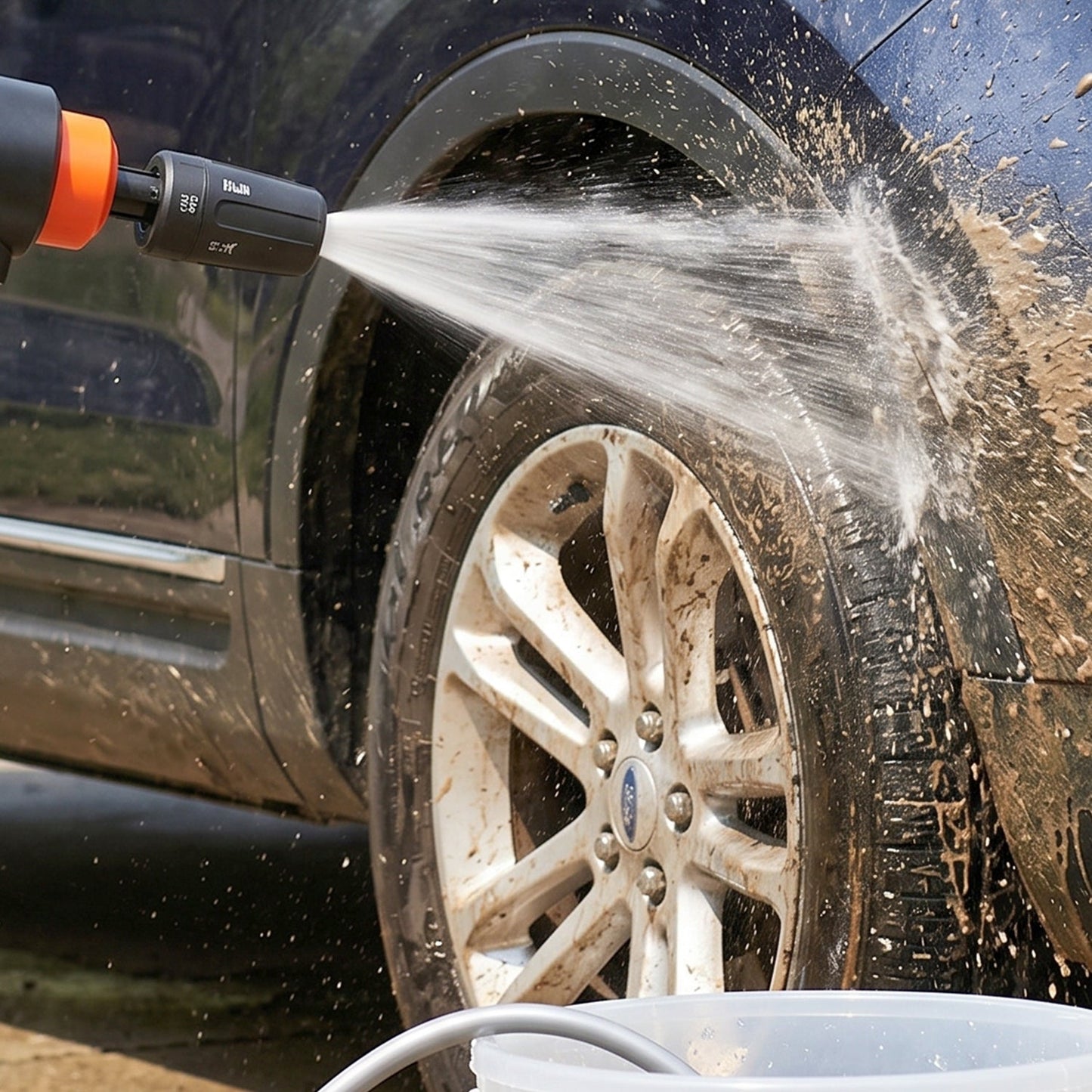 Detailed view of the adjustable nozzle on the cordless car washer.