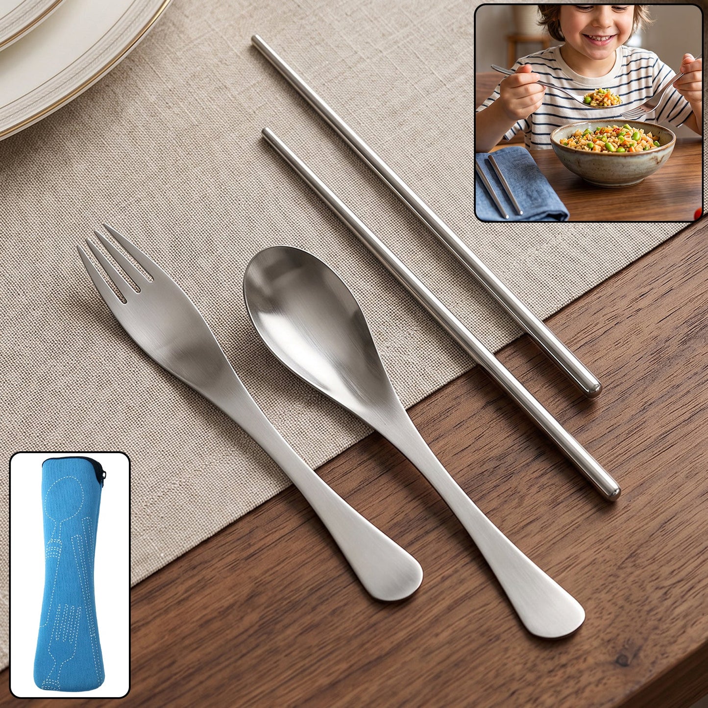 4 in 1 portable cutlery set with pouch, steel spoon, fork and chopsticks (1 set)