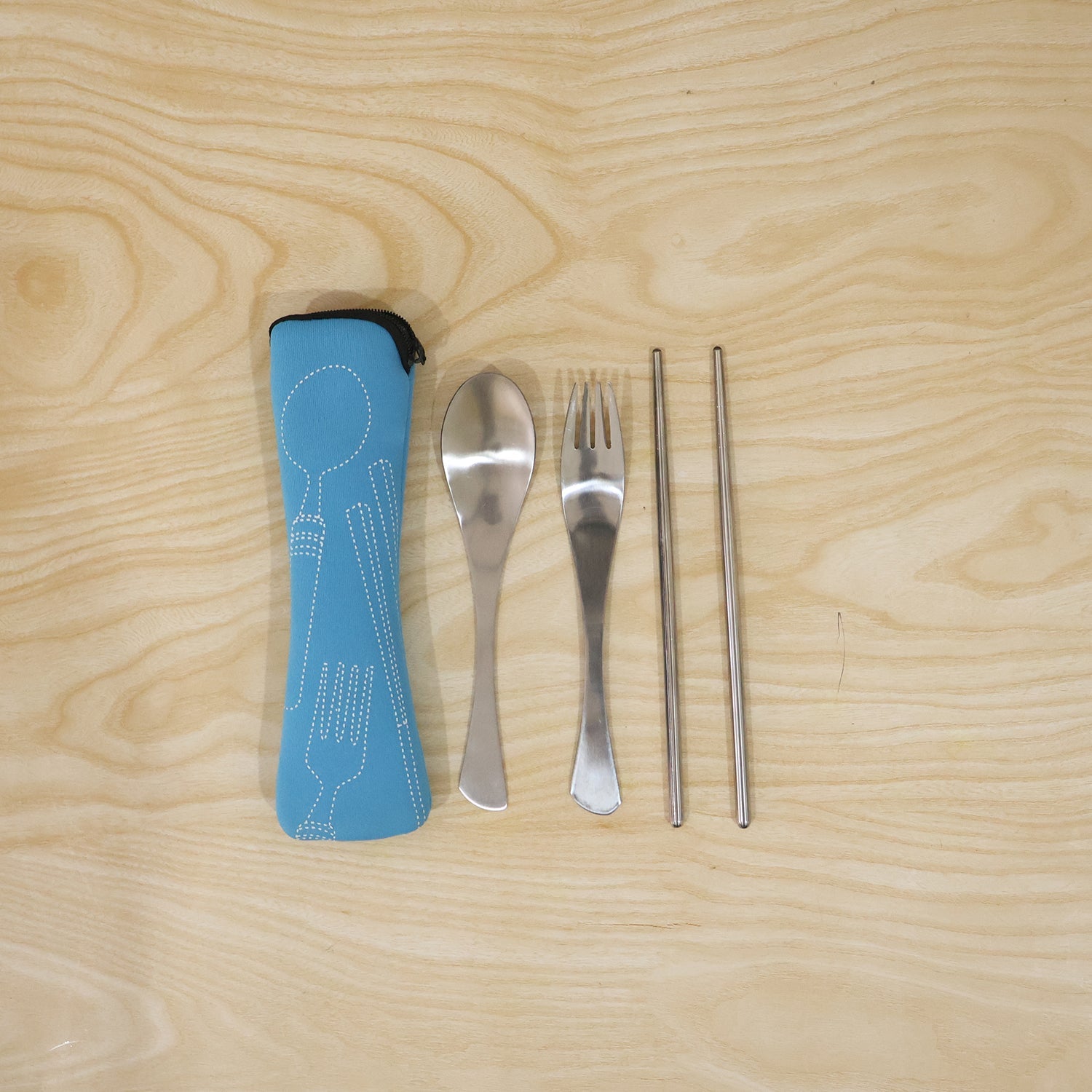 Portable steel utensil set with pouch for lunch and camping