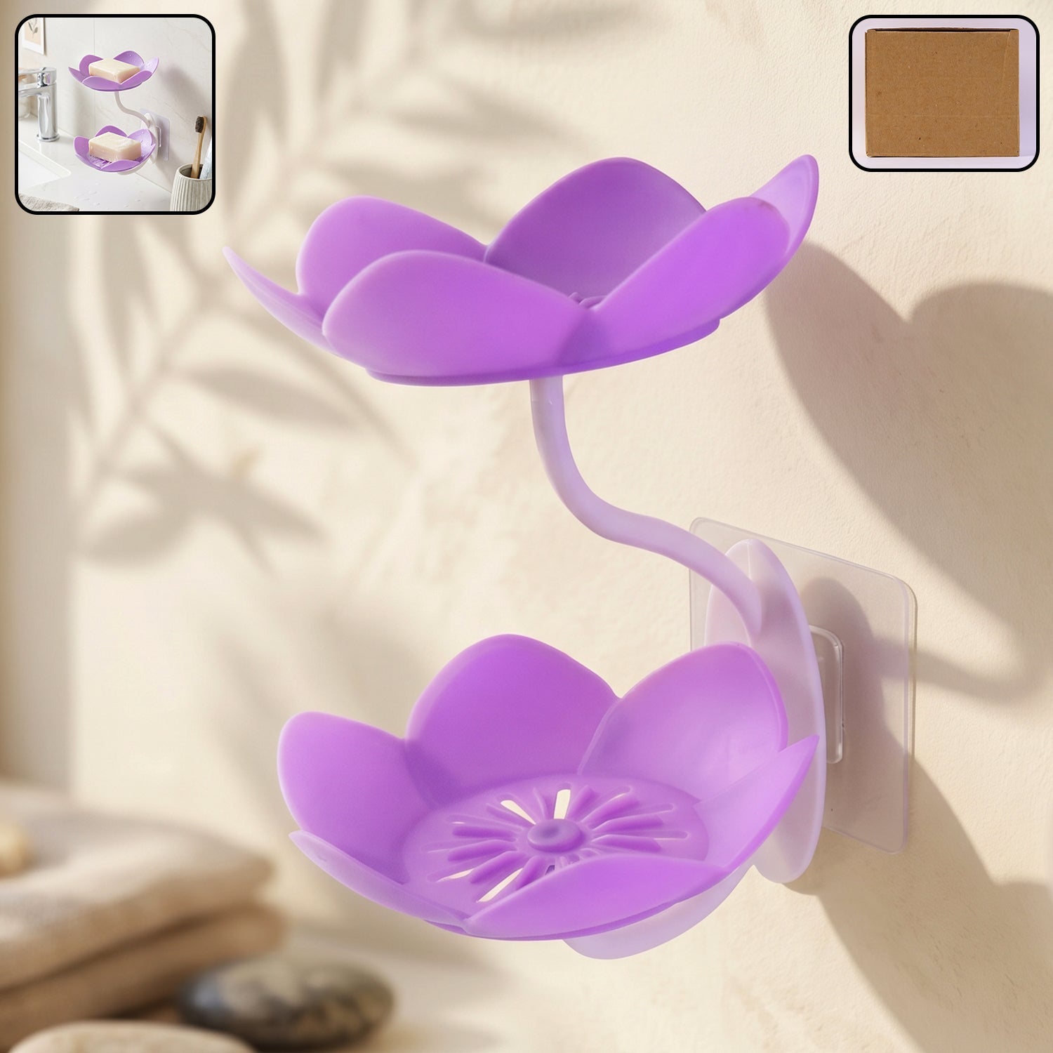 A flower shape double layer plastic soap dish in white, featuring a self draining petal design.
