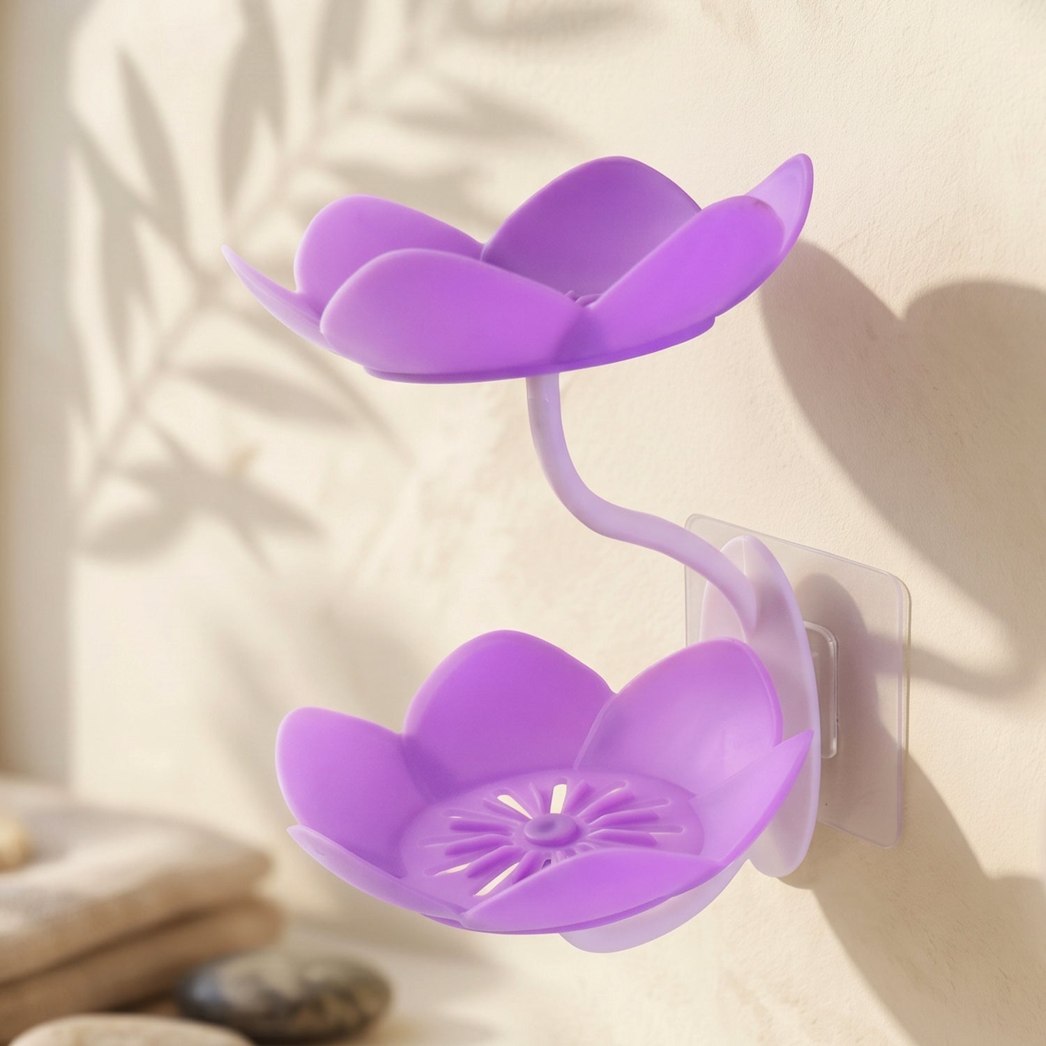 A clean studio shot of the white flower shape double layer plastic soap dish.