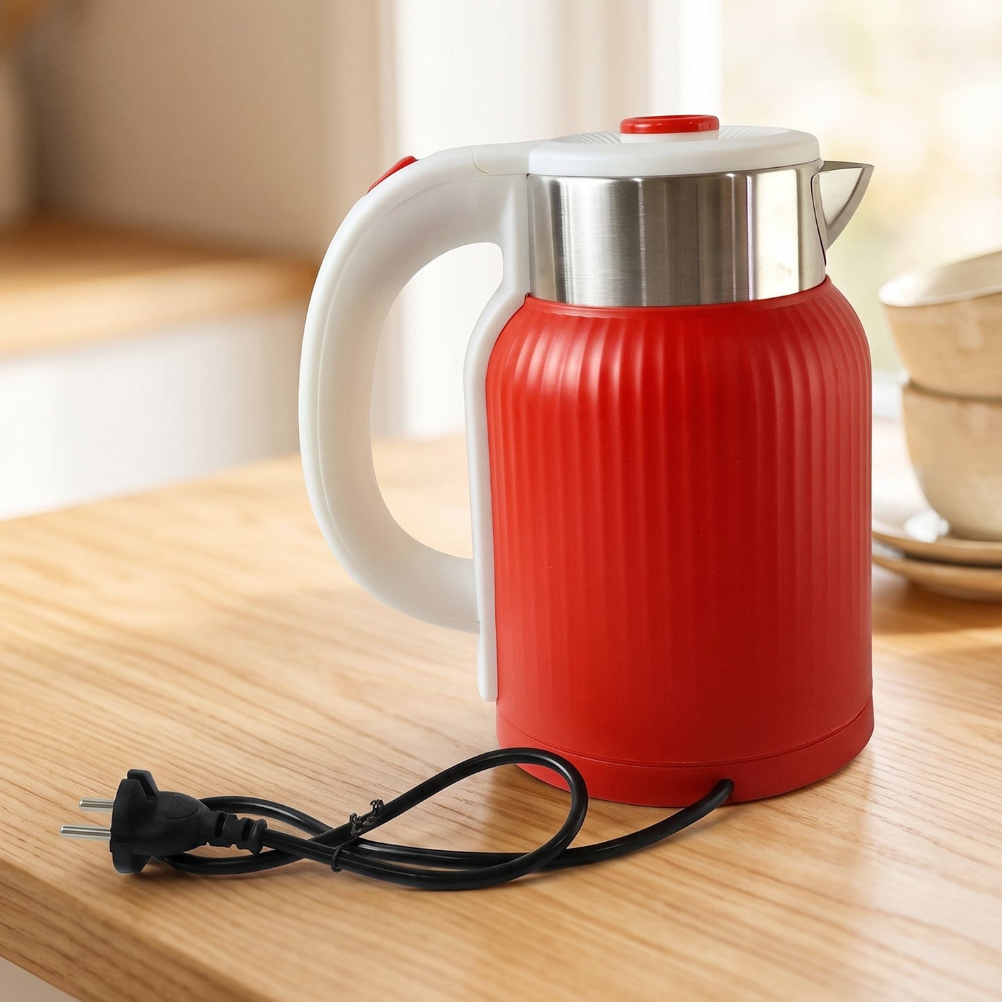 Everyday red electric kettle for boiling water at home